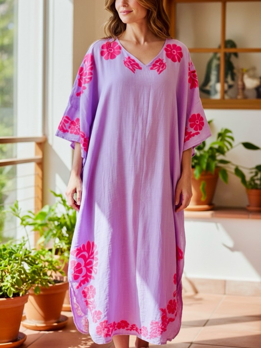 J. MARIE Luna Linen Tencel Purple & Pink Embroidered Maxi Dress w POCKETS NWT